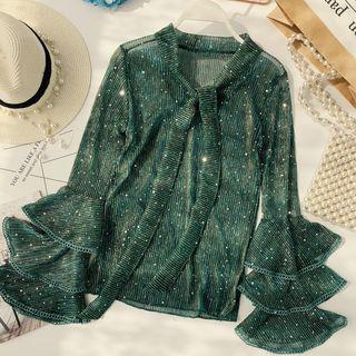 Tie-neck Bell-sleeve Glitter Blouse