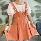 Puff-sleeve Blouse / Faux Pearl Mini A-line Jumper Dress