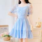Floral Print Short-sleeve Tiered Mini A-line Dress