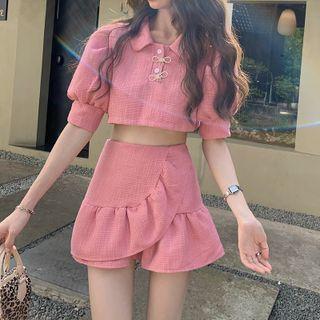 Puff-sleeve Cropped Polo Shirt / Mini A-line Skirt