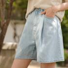 Pleated A-line Denim Shorts