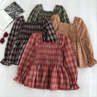 Color-block Check Square-neck Long-sleeve Blouse