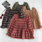 Color-block Check Square-neck Long-sleeve Blouse