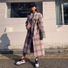 Wool Blend Long Plaid Coat With Sash Pink - One Size