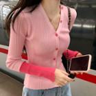 Long-sleeve Buttoned Two-tone Knit Top