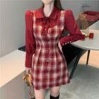 Long-sleeve Paneled Mini A-line Plaid Dress Red & White - One Size