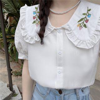 Puff-sleeve Peter Pan Collar Flower Embroidered Shirt