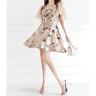 Flutter-sleeve Floral Swing Dress