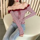 Long-sleeve Off-shoulder Striped Rib Knit Top