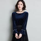 Embellished Bell-sleeve Velvet Pullover