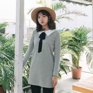 Bow Accent Collared Long Pullover