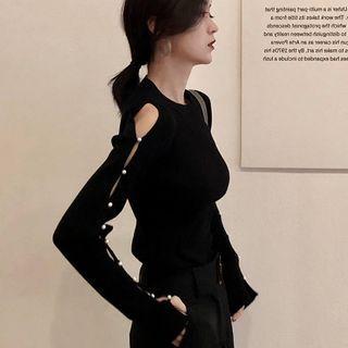 Faux Pearl Cold-shoulder Knit Top Black - One Size