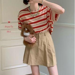 Short-sleeve Striped T-shirt / High-waist Plain Shorts