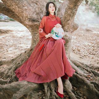 Flower Embroidered Mesh Qipao Top / Camisole / A-line Midi Skirt / Set