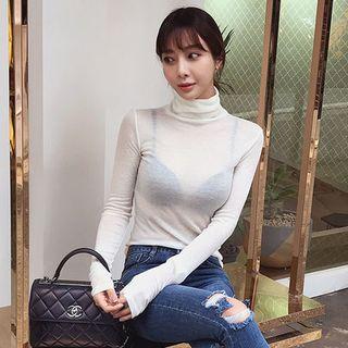 Long Sleeve Mock-neck Sheer Top