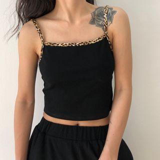 Spaghetti Strap Leopard Print Trim Top