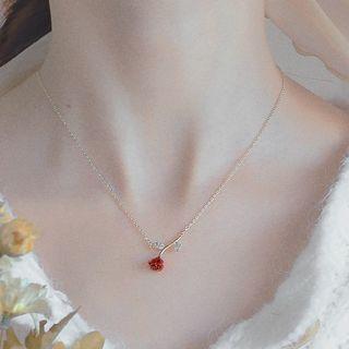 Rose Rhinestone Pendant Alloy Necklace 1pc - Gold & Red - One Size
