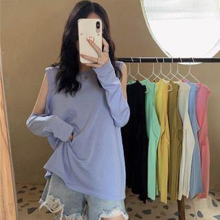 Cutout Long-sleeve Plain Light Knit Top In 8 Colors