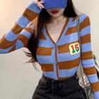 Numbering Striped Button-up Knit Top