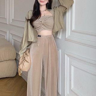 Cropped Jacket / Knotted Tube Top / Wide Leg Pants