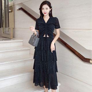 Short-sleeve Glitter Drawstring Top + Glitter Pleated Layered Maxi Skirt