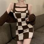 Long-sleeve Plain Asymmetric Shrug / Plaid Bodycon Mini Dress