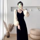 Lantern-sleeve Two-tone Midi A-line Dress