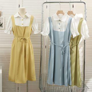 Mock Two-piece Midi Shirtdress With Sash
