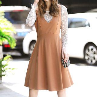 Set: Lace Long-sleeve Top + Sleeveless A-line Dress
