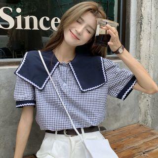 Plaid Peter Pan Collar Shirt Blue - One Size