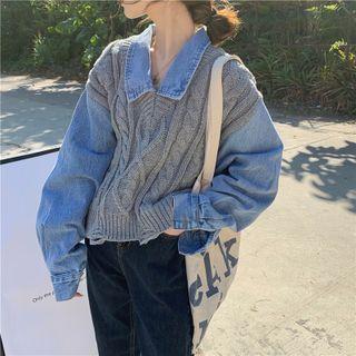 Mock Two-piece Knit Panel Denim Top