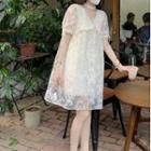 Short-sleeve Lace Mini A-line Dress Beige - One Size