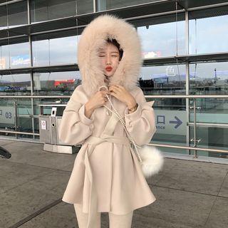 Faux Fur-trim Hooded Wool Jacket With Sash