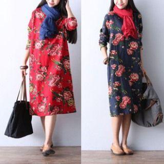 Long-sleeve Floral Midi Dress