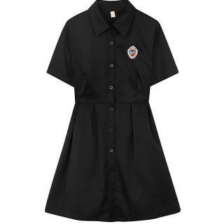 Short-sleeve Plain Back Back Tie-strap Cutout Shirtdress
