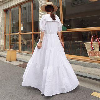Puff-sleeve Tiered Sailor Collar A-line Maxi Dress