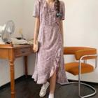 Short-sleeve Chiffon Floral Print Slit Dress