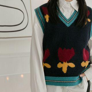 Contrast-trim V-neck Knit Vest Blue - One Size