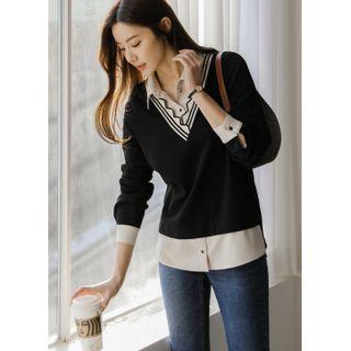 Inset Shirt Scallop-trim Knit Top Black - One Size