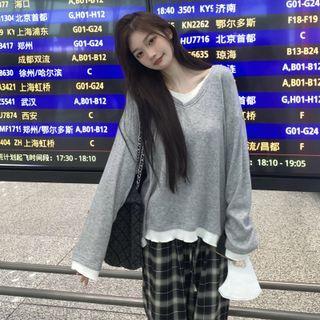 Mock Two-piece Sweatshirt / Plaid Wide Leg Pants