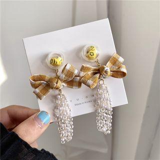 Plaid Bow Faux Pearl Dangle Earring 1 Pair - Gingham - Mustard Yellow - One Size
