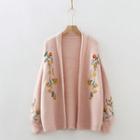 Floral Embroidered Open-front Knit Cardigan