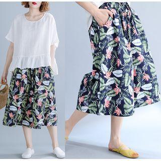 Floral Print Cropped Wide-leg Pants Blue - One Size