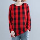 Long-sleeve Plaid T-shirt Gingham - Red - One Size