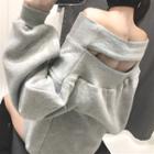 Plain Open-back Puff-sleeve Loose-fit Pullover