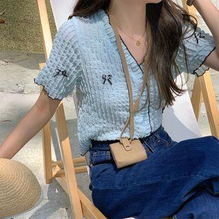Short-sleeve Contrast Trim Bow Accent Cardigan