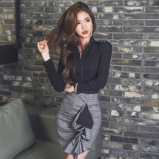 Set: Long-sleeve Shirt + Plaid Mini Skirt