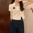 Short Sleeve Polo Neck Buttoned Crop Top