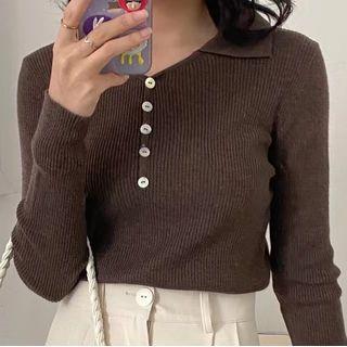 Long-sleeve Polo-collar Plain Knit Top