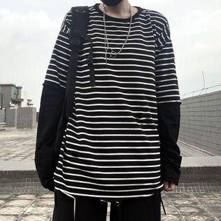 Long Sleeve Mock Two Piece Striped T-shirt